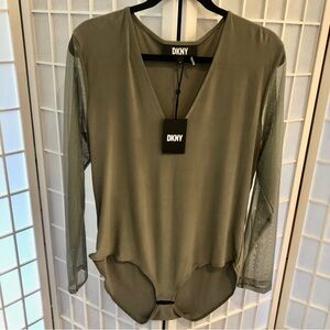 DKNY army green/ olive long sleeve body suit. Sheer sleeves. XL. NWT